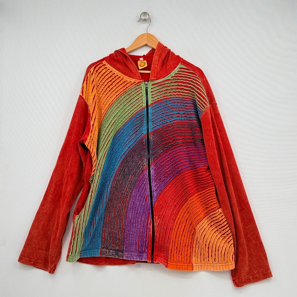 Karma Circle Zip Up Hoodie Women XXXL Red Rainbow Slash Cut Boho Hippie Global